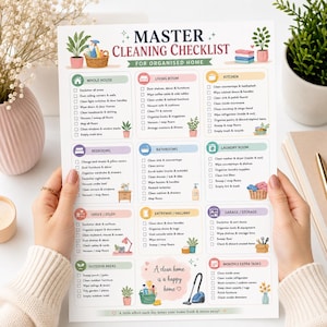 May include: A white paper master cleaning checklist for an organized home with colorful section headers for rooms like kitchen, bedroom, and bathroom. The document features checkboxes for tasks, small illustrations of cleaning supplies, and the text A clean home is a happy home.