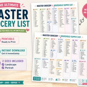 May include: A printable grocery list with the text "The Ultimate Master Grocery List" in navy blue and teal. The list includes sections for fruits, vegetables, meat, frozen items, and more. The design includes icons and the text "Instant Download".