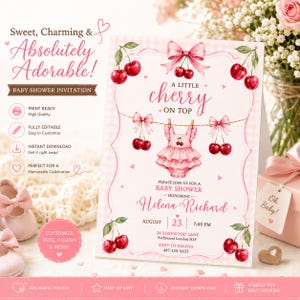 May include: A baby shower invitation card featuring a pink gingham background, watercolor cherries, a pink bow, and a baby romper illustration. The text reads A LITTLE cherry ON TOP, PLEASE JOIN US FOR A BABY SHOWER HONORING Helena Richard, AUGUST 23, 7:00 PM.