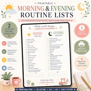 May include: Printable morning and evening routine lists with a sun and moon graphic. The lists include tasks like making the bed, brushing teeth, and preparing for the next day. The design is pink, green, and white, with the text "Instant Download".