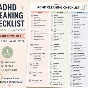 May include: ADHD cleaning checklist printable PDF. The checklist is divided into daily, weekly, and monthly tasks. The document is designed for home care and is available for instant download. The checklist is on a white background.