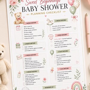 May include: A Sweet Beginnings Baby Shower planning checklist printed on white paper. The document features pastel illustrations of a teddy bear, balloons, a rainbow, and floral accents. It includes organized task lists from seven weeks before to the morning of the event.