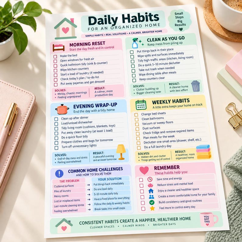 Daily Home Habits Checklist Printable, Habit Tracker, Home to Do List, Cleaning &amp; Decluttering ...