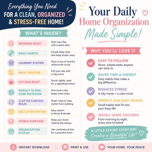 May include: An informational graphic titled Everything You Need For A Clean, Organized & Stress-Free Home! and Your Daily Home Organization Made Simple! It lists sections like Morning Reset, Daily Habits, Laundry System, and Night Routine with icons.