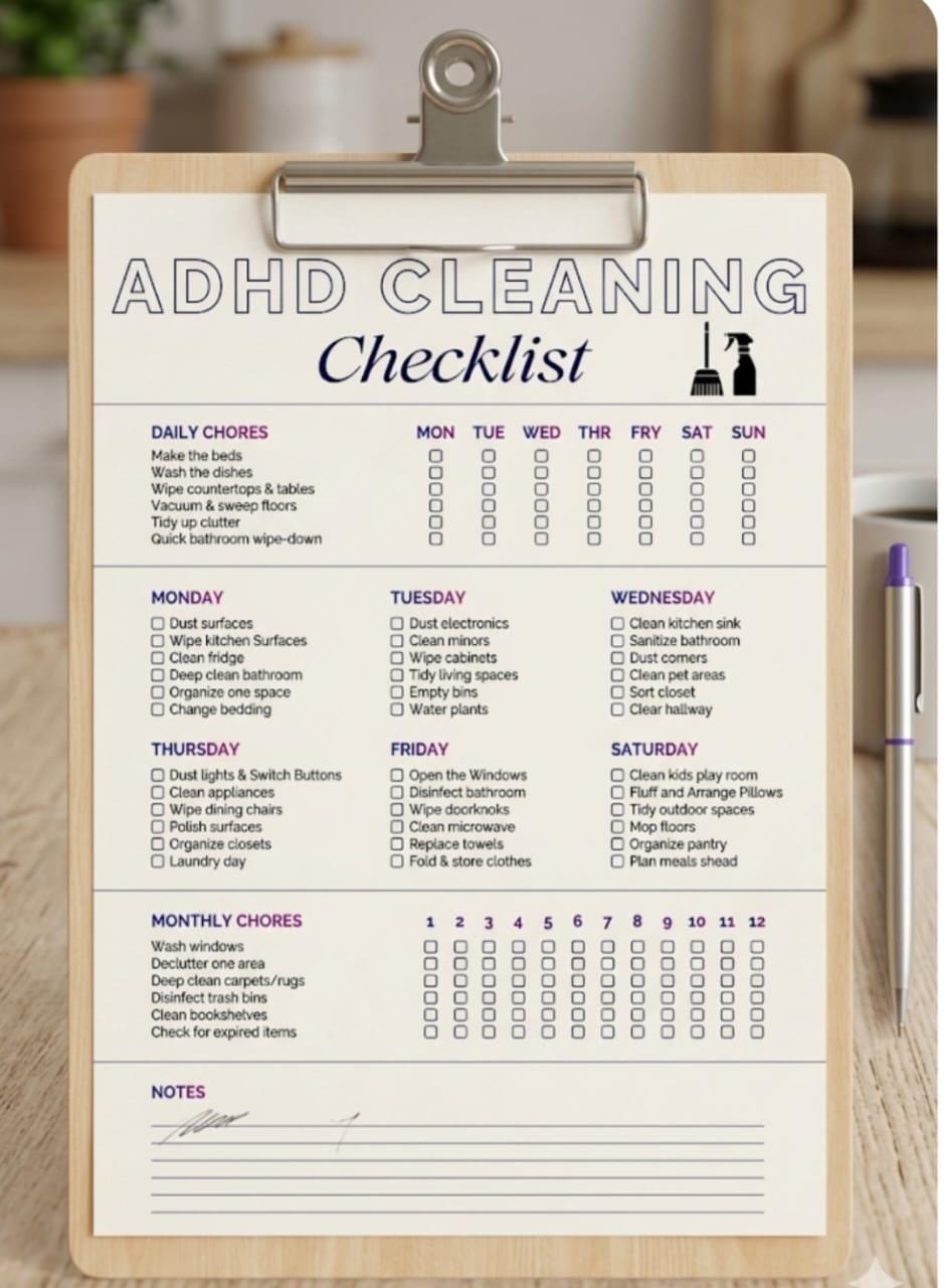 Editable ADHD Cleaning Checklist 2026| ADHD Friendly | Home Cleaning