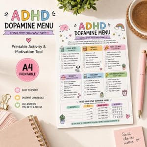 Puede incluir: Una hoja de actividades imprimible A4 titulada ADHD Dopamine Menu, con encabezados en colores pastel, iconos y listas de verificación para tareas diarias. El documento incluye secciones para bocadillos, comidas, postres y refuerzos de emergencia.