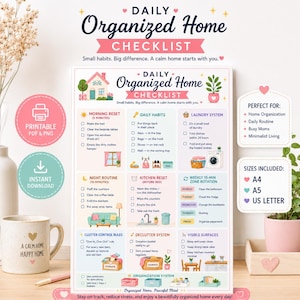 Puede incluir: Una lista de control Daily Organized Home que incluye secciones para la rutina matutina, hábitos diarios, sistema de lavandería, rutina nocturna, limpieza de cocina, rotación semanal y sistema de organización con iconos y texto.