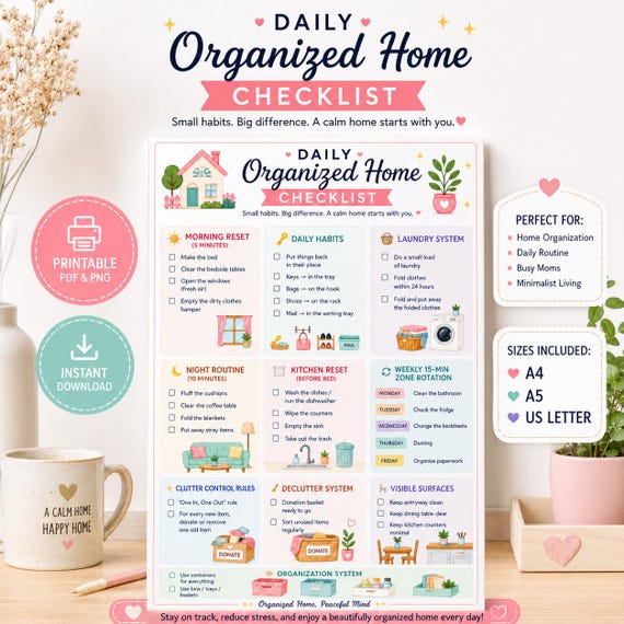 Daily Checklist for Organized Home Printable, Daily Planner PDF, To Do List, Home Routine Checklist, Task Schedule for Busy Moms & Families