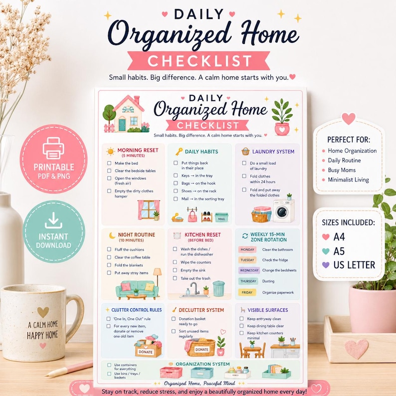 May include: A Daily Organized Home Checklist document featuring sections for morning reset, daily habits, laundry system, night routine, kitchen reset, weekly zone rotation, clutter control, and declutter system with colorful icons and text.
