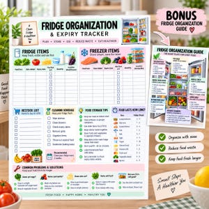 May include: A fridge organization and expiry tracker chart featuring sections for fridge and freezer items, a restock list, cleaning schedule, food storage tips, and a food longevity guide, accompanied by a bonus fridge organization guide card.