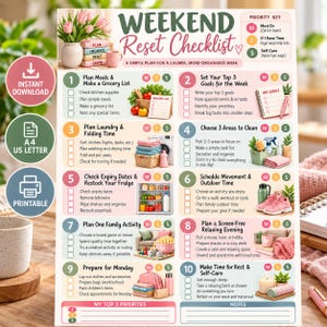 May include: A Weekend Reset Checklist printable planner page featuring ten numbered tasks, a priority key, and a section for top priorities and notes. The design includes pastel-colored boxes, icons for household chores, and text.