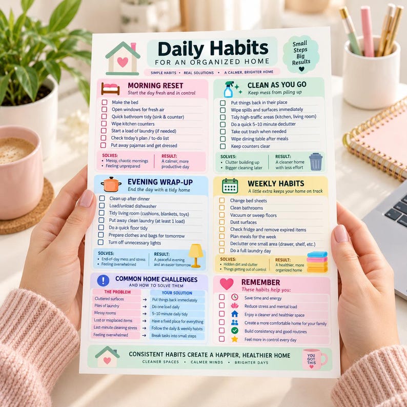 Daily Home Habits Checklist Printable, Habit Tracker, Home to Do List, Cleaning & Decluttering ...