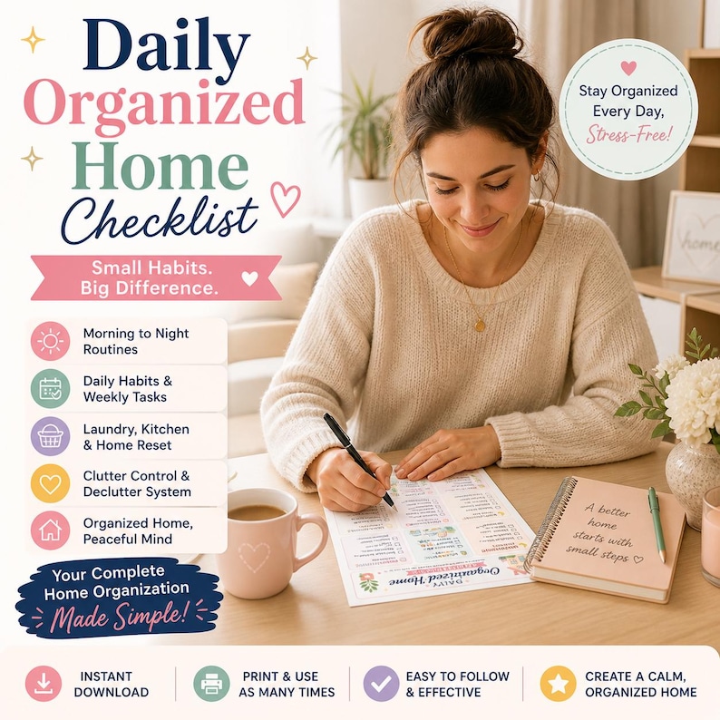 May include: A Daily Organized Home Checklist document with text including Morning to Night Routines, Daily Habits & Weekly Tasks, Laundry, Kitchen & Home Reset, Clutter Control & Declutter System, and Organized Home, Peaceful Mind, with a pink mug.