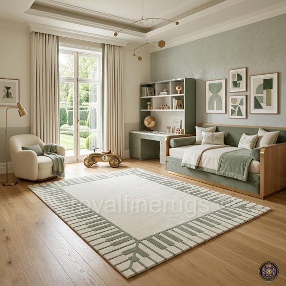 Piano Key Rug | Sage Green Cream Hand-Tufted Carpet | Modern Minimalist Music Room Home Decor