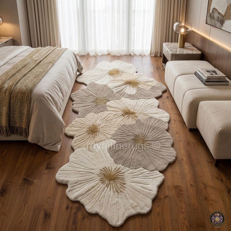 Hand Tufted Floral Runner Rug, Beige Cream Boho Hallway Decor, Custom ...