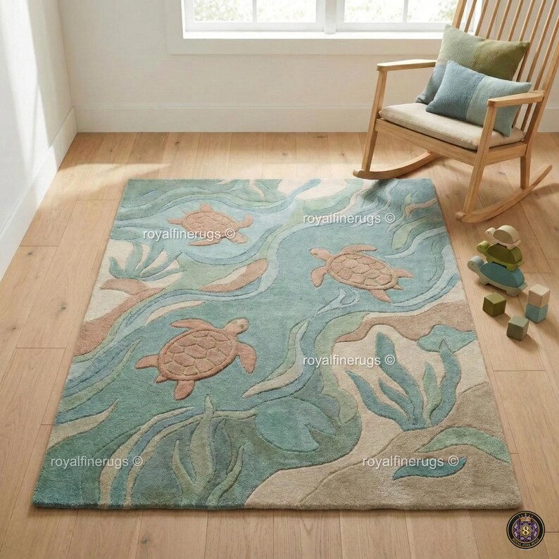 Fairpoint Sea Rug Coastal Sea Turtle Rug, Ocean Themed Area Rug, Beach House Decor, Kids ...