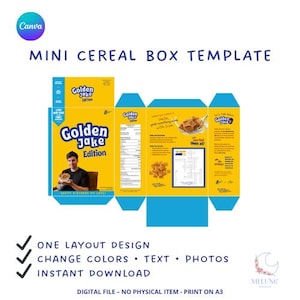 May include: A yellow and blue mini cereal box template with the text "Golden Jake Edition". The design includes a photo of a person holding a bowl of cereal. Additional text includes "One layout design, change colors, text, photos, instant download".