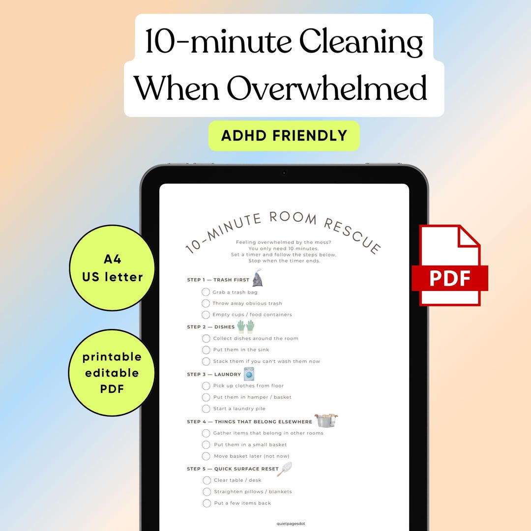 ADHD Cleaning Checklist | Editable 10-minute Room Rescue Planner for