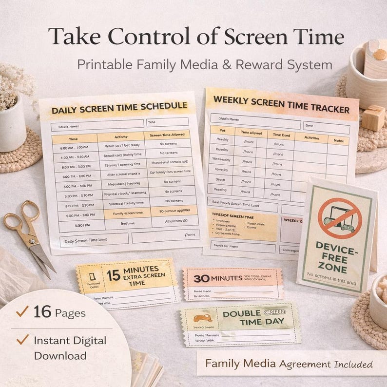 Screen Time Checklist Printable Bundle, Family Media Agreement, Kids ...