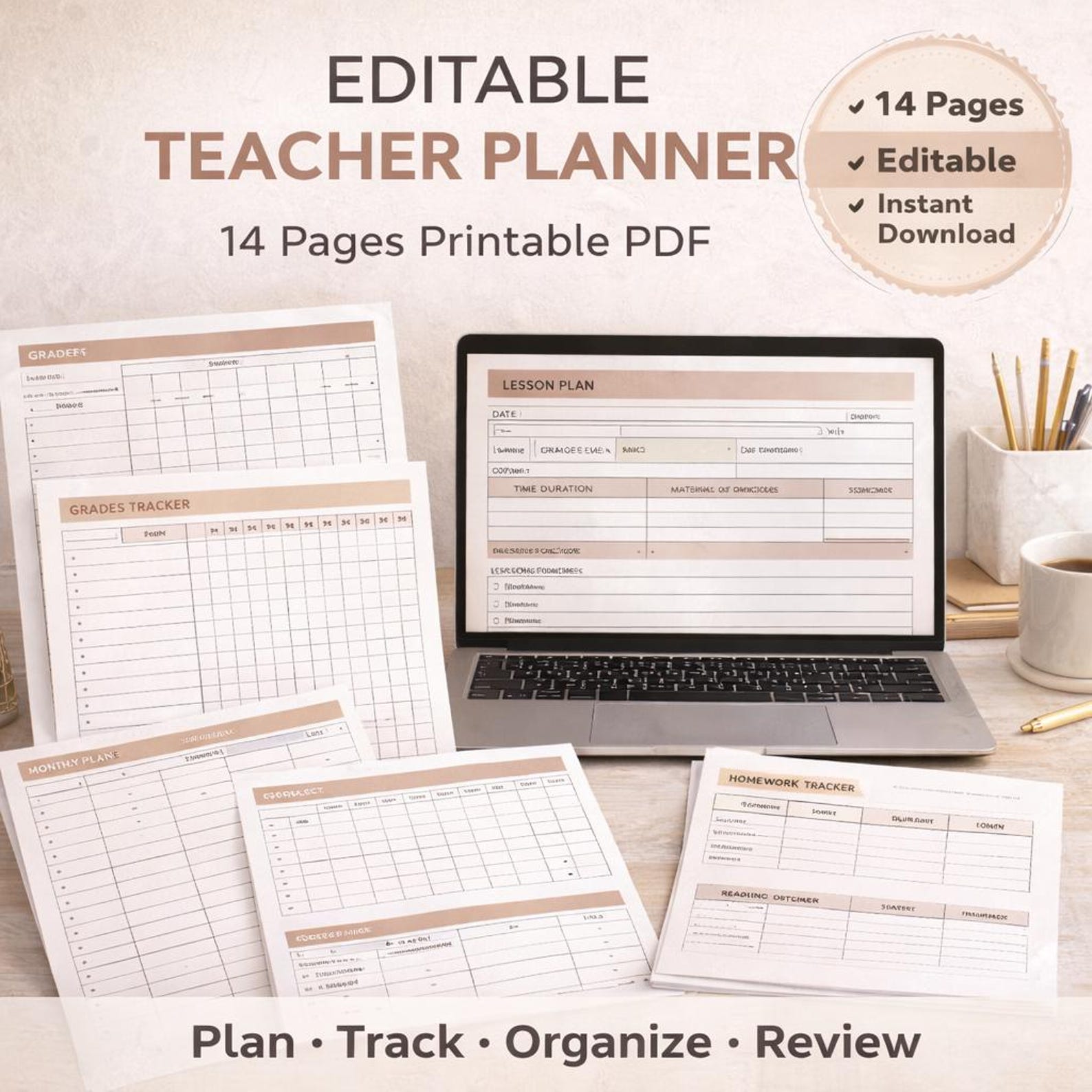 Editable Teacher Planner Printable Lesson Plan Grade Tracker Classroom ...