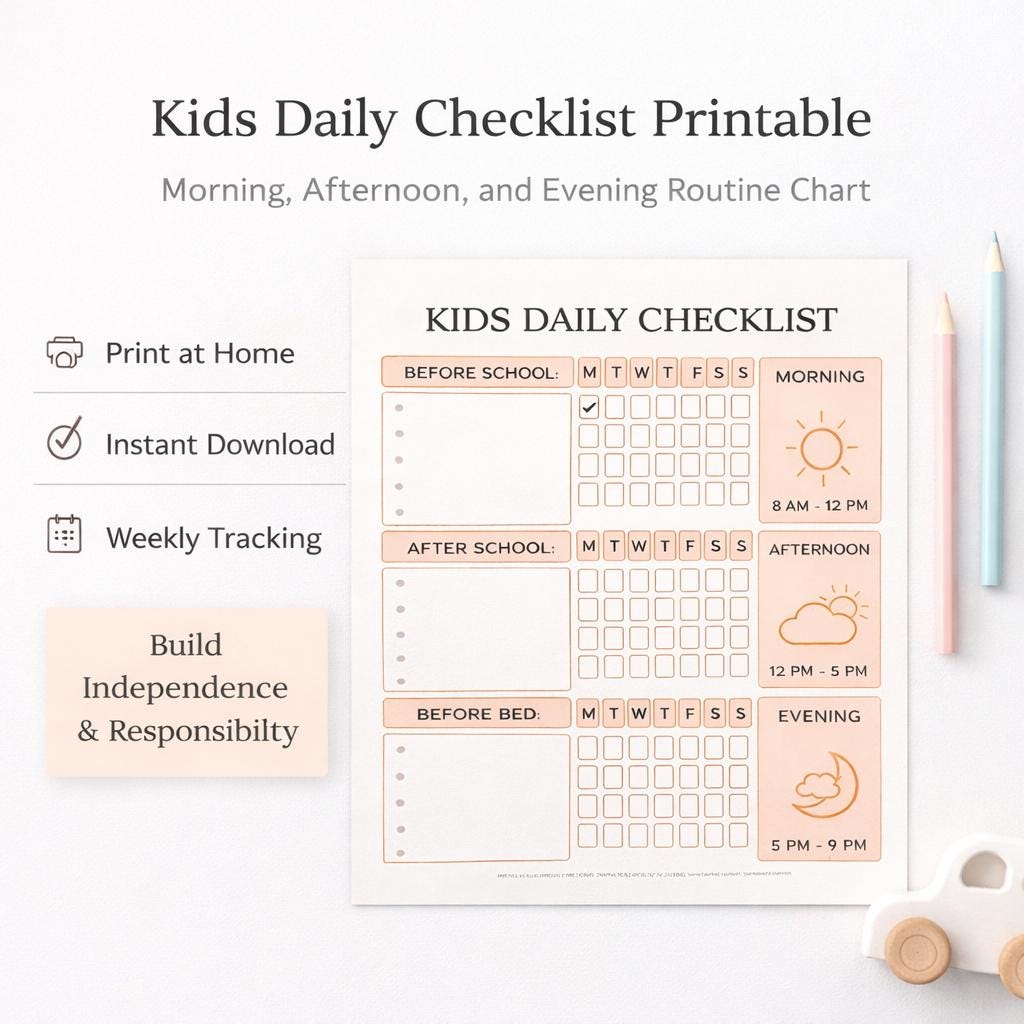 Kids Daily Checklist Printable PDF, Morning Afternoon Evening Routine ...
