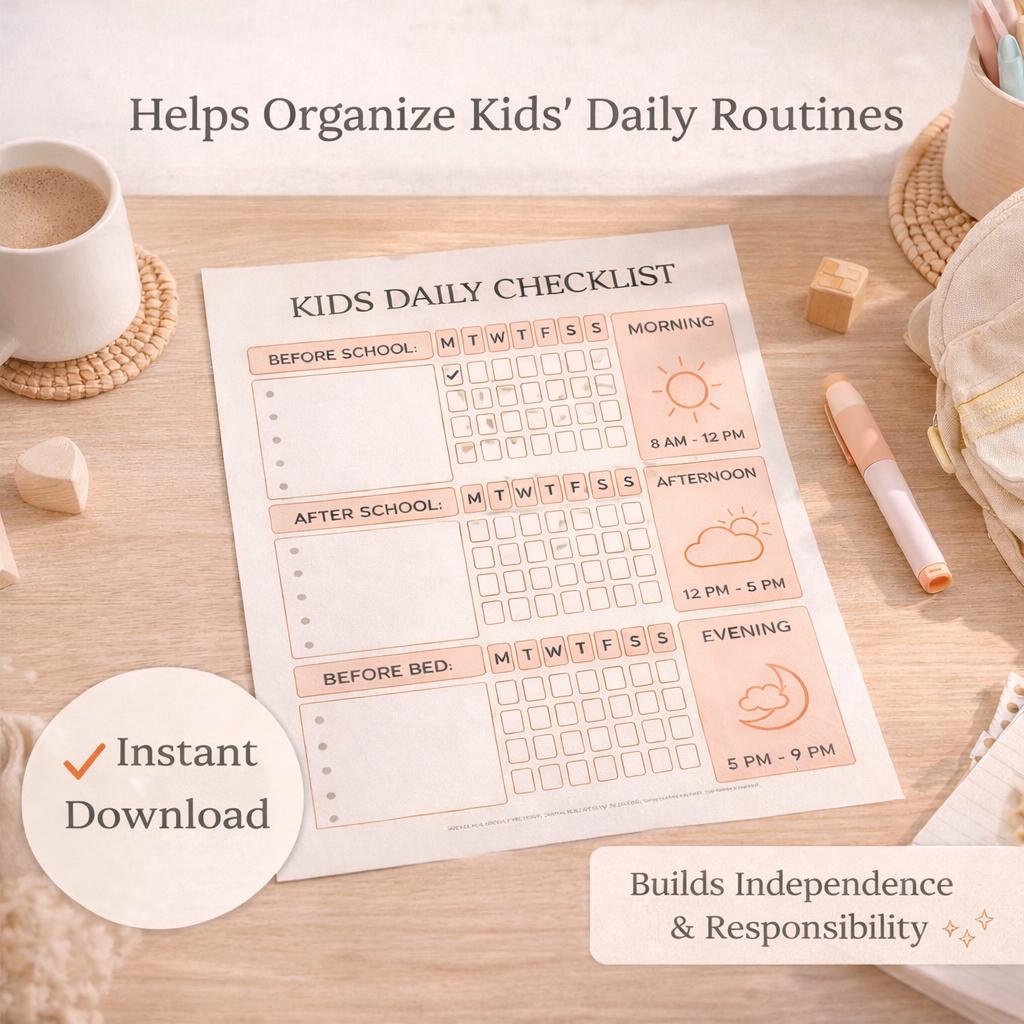 Kids Daily Checklist Printable PDF, Morning Afternoon Evening Routine ...