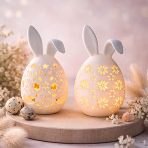 うさぎの耳とLEDティーライトが付いたイースターエッグのSTLファイル｜3Dプリントファイルセット｜イースターデコレーションうさぎの卵｜イースターうさぎのデコレーション｜デジタルダウンロード