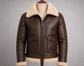 Men Brown Shearling Leather Jacket, B3 Aviator Bomber Jacket, Winter Leather Coat, Faux Shearling Collar Jacket,  Pilot Style Leather Jacket