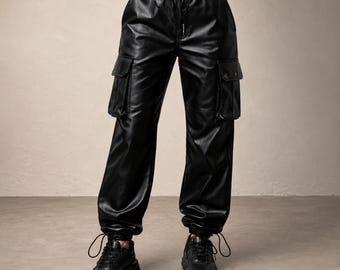 Black Faux Leather Cargo Joggers | Oversized Streetwear Techwear Trousers