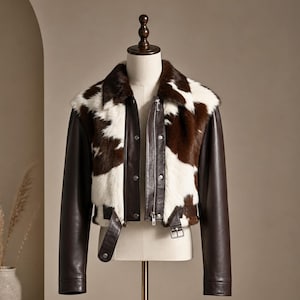 Konstläderjacka i kohud | Dam Bikerjacka, Brun Vit Patchwork Crop Western Style