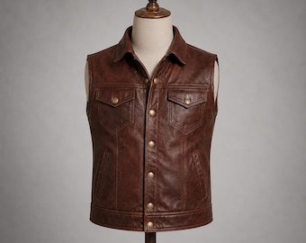 Men’s Brown Leather Vest, Sleeveless Motorcycle Biker Vest, Vintage Leather Waistcoat, Handmade Western Moto Vest, Leather Rider Vest