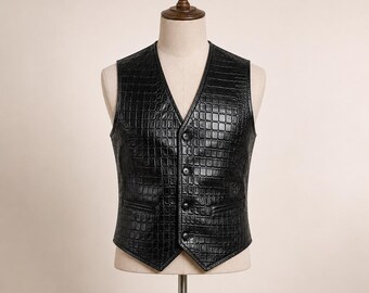 Men’s Black Crocodile Embossed Leather Vest, Formal Leather Waistcoat, V Neck Button Vest, Handmade Leather Gilet, Luxury Dress Vest for Men