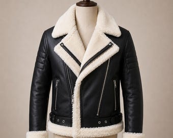 Men Black Leather Shearling Jacket, B3 Aviator Biker Jacket, Faux Shearling Fur Collar Coat, Winter Leather Motorcycle Jacket, Gift for Men