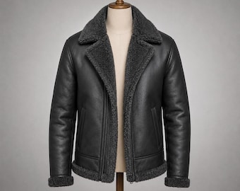 Men’s Black Shearling Leather Jacket, B3 Aviator Bomber Jacket, Fur Collar Coat, Handmade Pilot Leather Jacket,Warm Sheepskin Style Coat