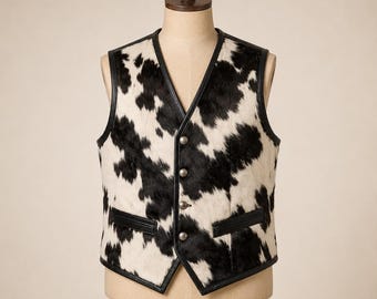 Men’s Cowhide Leather Vest, Black White Cow Print Waistcoat, Western Cowboy Vest, Handmade Hair on Hide Vest, Biker Leather Vest