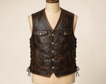 Men's Distressed Brown Genuine Leather Vest, Vintage Biker Western Style Waistcoat