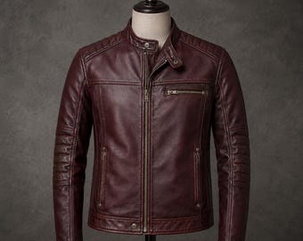 Men's Burgundy Faux Leather Biker Jacket | Quilted Cafe Racer Motorcycle Coat