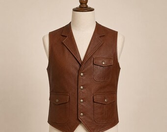 Men’s Brown Leather Vest, Handmade Genuine Leather Waistcoat, Western Biker Vest, Classic Sleeveless Jacket, Brown Motorcycle Vest for Men