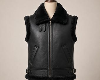 Mens Black Leather Shearling Vest, Genuine Leather Biker Vest, Winter Sheepskin Vest, Fur Collar Motorcycle Waistcoat, Handmade Leather Vest