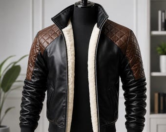 Men's Black Faux Leather Bomber Jacket | Brown Quilted Shoulder, Shearling Lined Coat