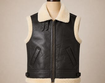 Men's Black Leather Shearling Vest, Sleeveless Biker Aviator Jacket