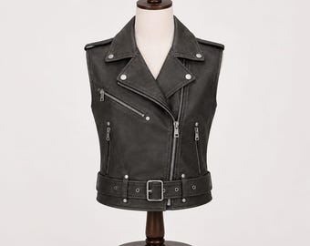 Women's Black Leather Biker Vest, Asymmetrical Zip Moto Waistcoat, Punk Rock Style