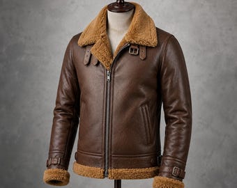 Men’s Brown Shearling Leather Aviator Jacket | Winter B3 Bomber Jacket | Faux Fur Lined Pilot Leather Coat for Men