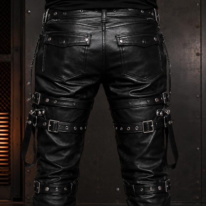 May include: Black leather pants featuring a back design with two flap pockets, silver-toned metal rivets, and multiple adjustable straps with buckles encircling the thighs and calves. The waistband includes belt loops with silver metal hardware.