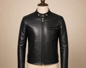 Men’s Black Leather Motorcycle Jacket, Cafe Racer Leather Jacket, Genuine Leather Biker Jacket, Slim Fit Zip Jacket,Collar Moto Jacket