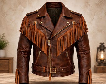 Men’s Brown Fringe Leather Jacket, Western Cowboy Biker Jacket, Vintage Tassel Motorcycle Coat, Handmade Distressed Leather Jacket for Men