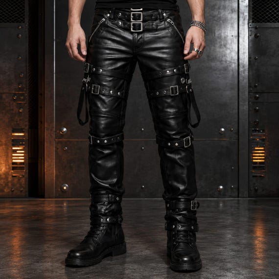 Men's Black Gothic Leather Pants, Punk Rock Buckle Strap Trousers, Cyberpunk Biker Pants, Alternative Fashion Leather Pants