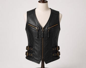 Black Genuine Leather Biker Vest | Slim Fit Moto Waistcoat with Buckle Straps
