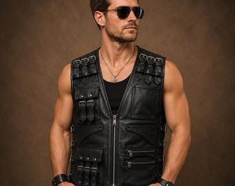 Men's Black Leather Utility Vest | Gothic Punk Biker Multi Pocket Buckle Waistcoat