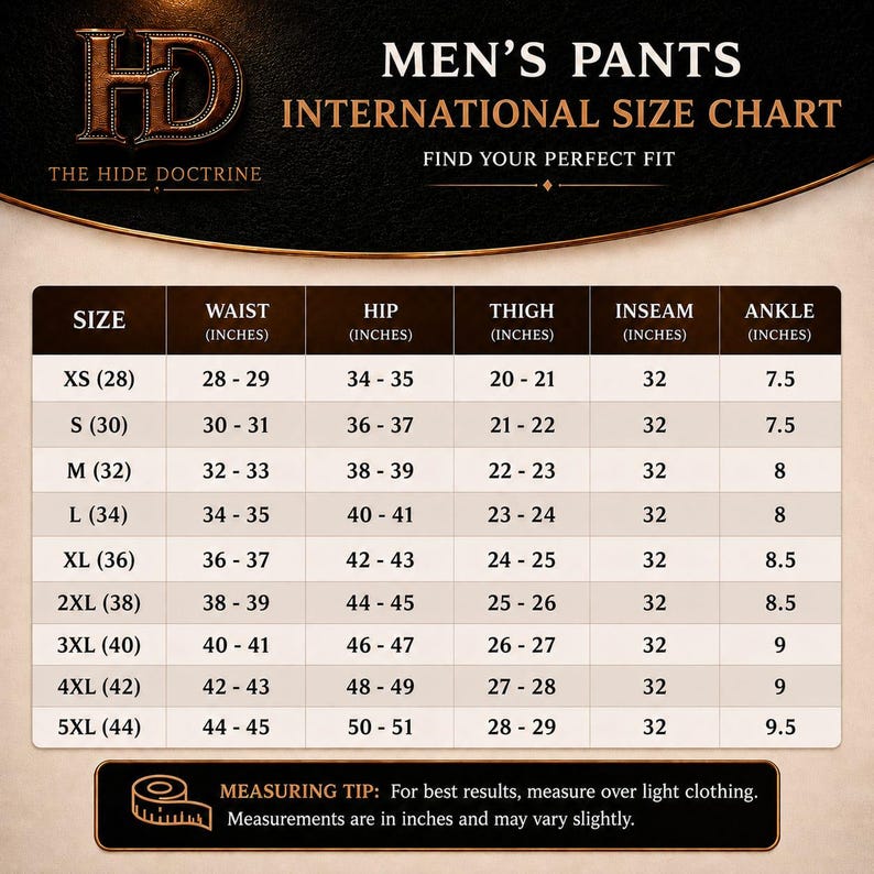 May include: An international size chart for pants titled HD The Hide Doctrine. The table lists sizes from XS to 5XL with corresponding waist, hip, thigh, inseam, and ankle measurements in inches. A measuring tip is included at the bottom of the chart.